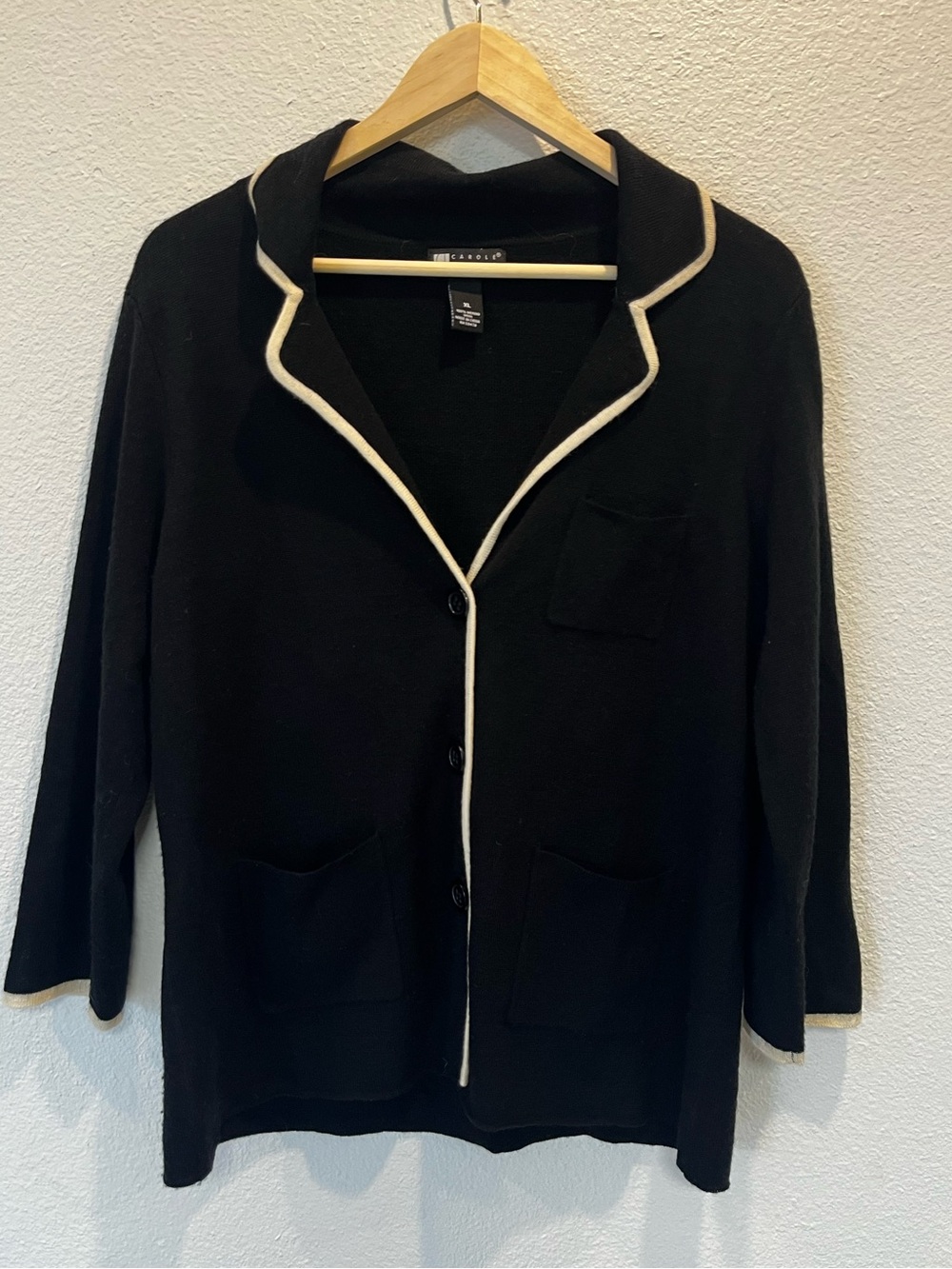 Carole Little Black Cardigan with Cream Trim